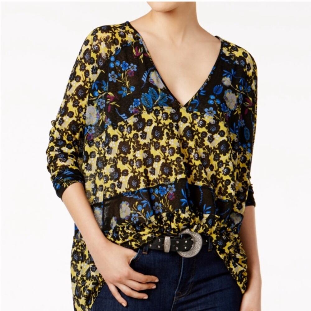 Free People Isabelle black blue‎ yellow floral sheer v neck tunic top size Small